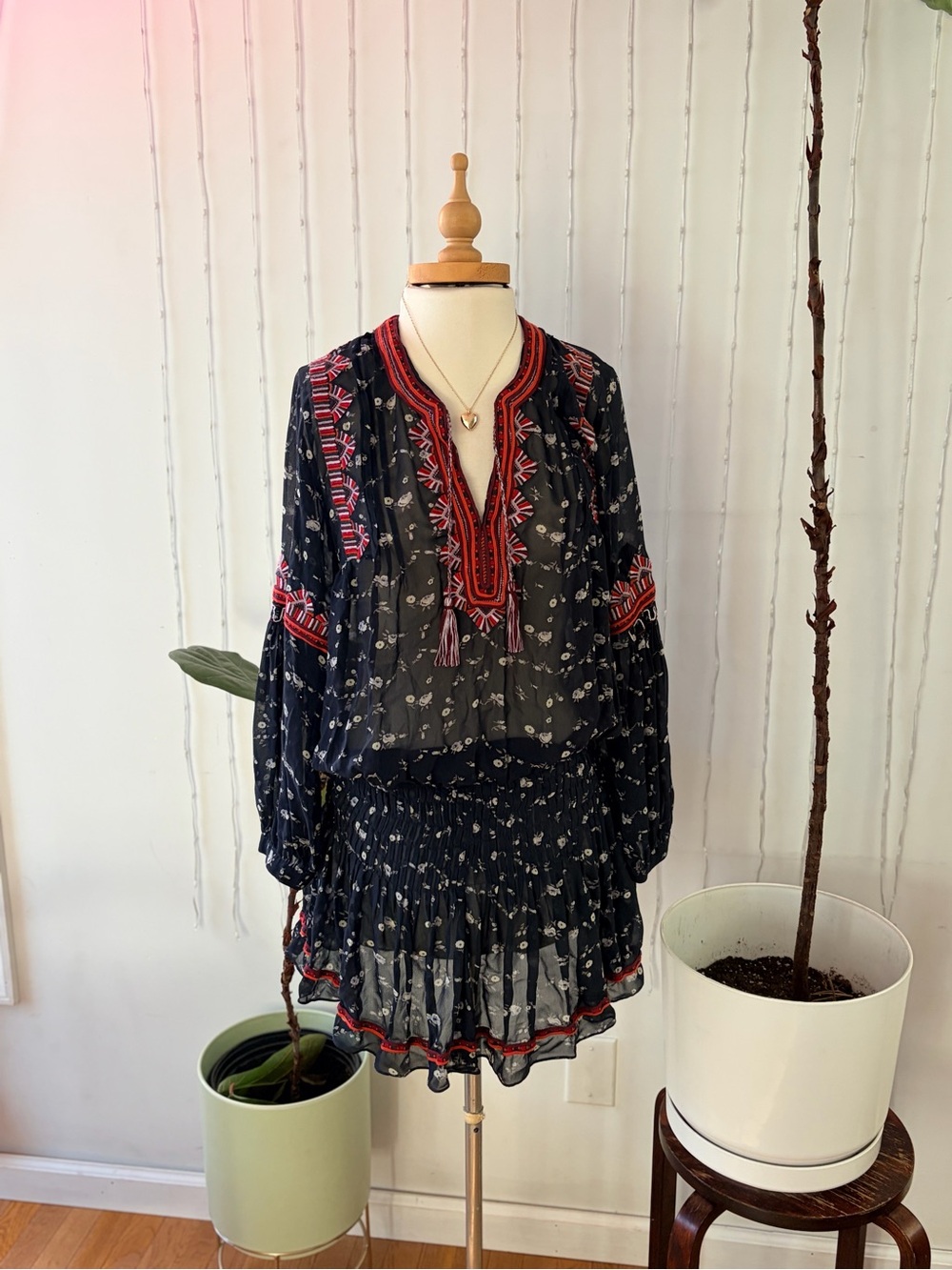 Women's Navy Sheer Boho Dress with Red Embroidery